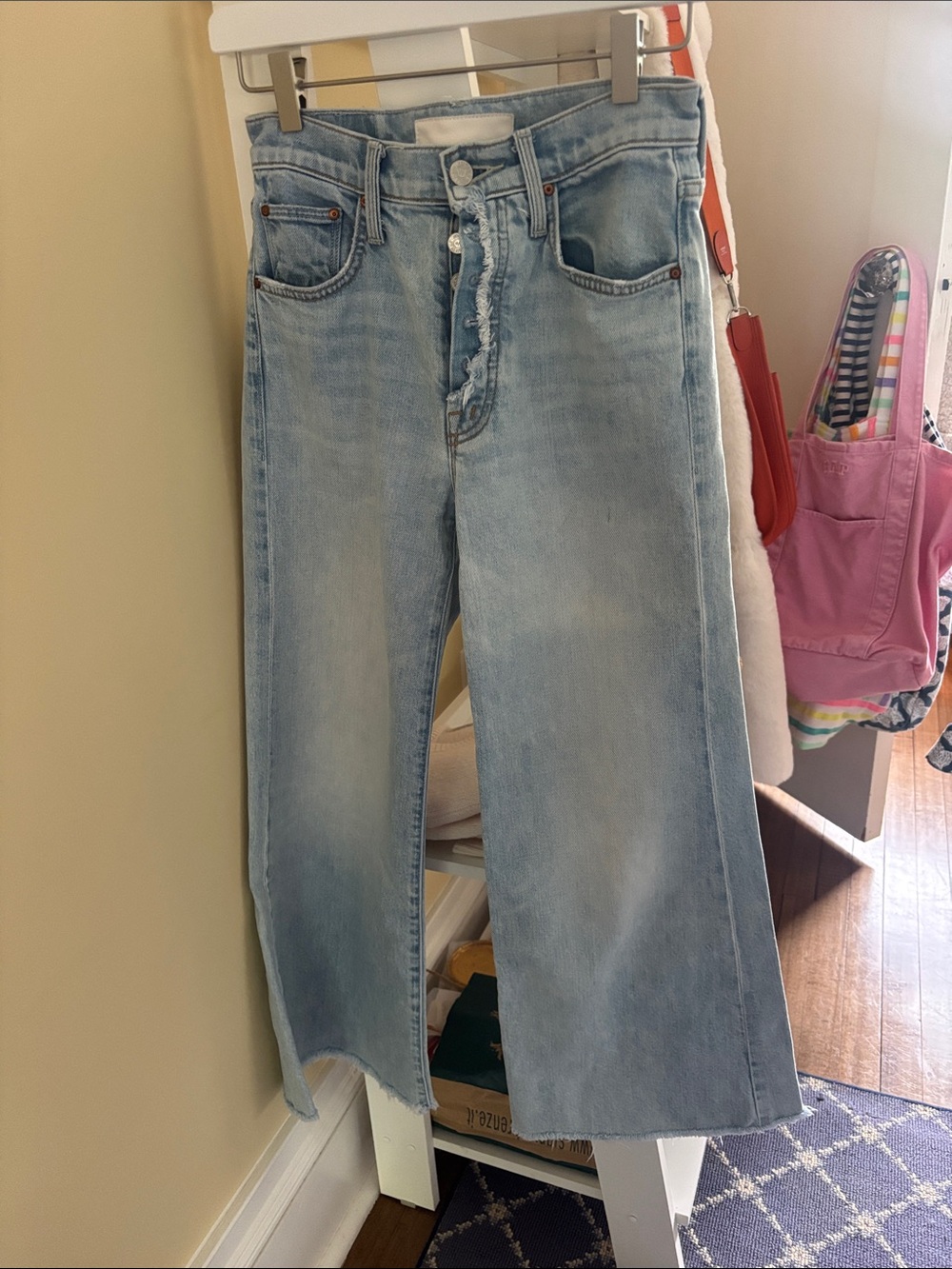 MOTHER The Fly Cut Tomcat Roller. Light Blue Wide-Leg Jeans with Button Fly